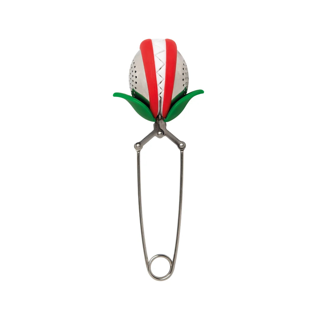 Tea Trap: A flower-shaped tea infuser with red petals and green leaves by OTOTO.