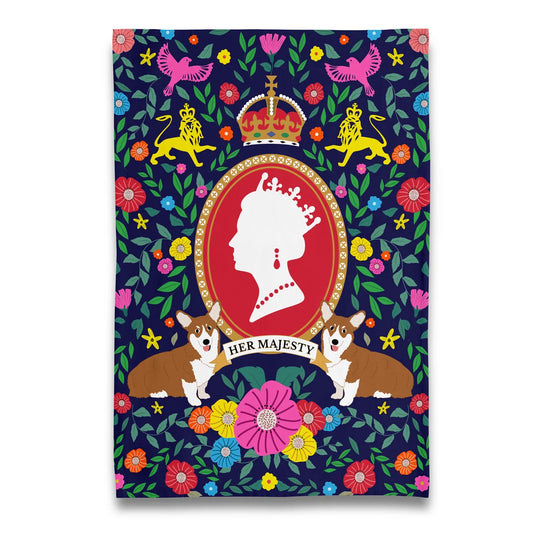 Tea towel "Her Majesty" with Corgis