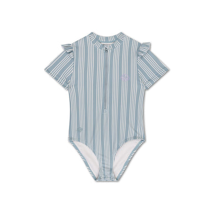 Swimsuit Girls With Short Sleeves - Green/White - Resort Stripe