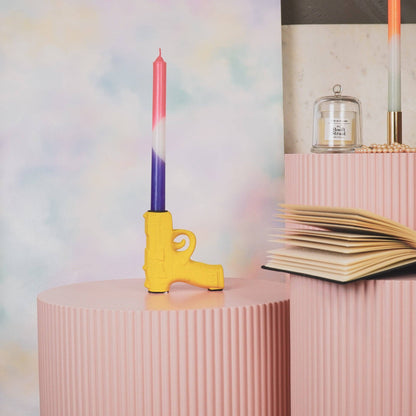 Kandelaar - Pistool - Keramiek - Neongeel - 12x5x12cm
