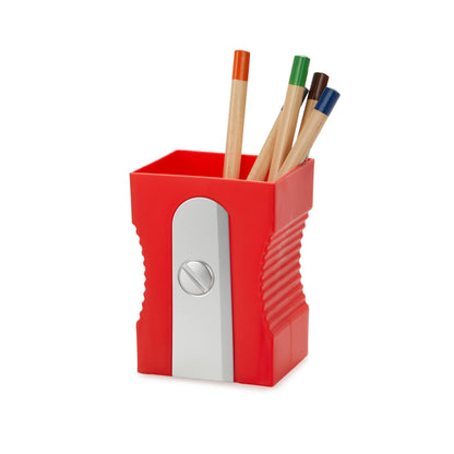 Pencil holder, pencil sharpener, red, plastic