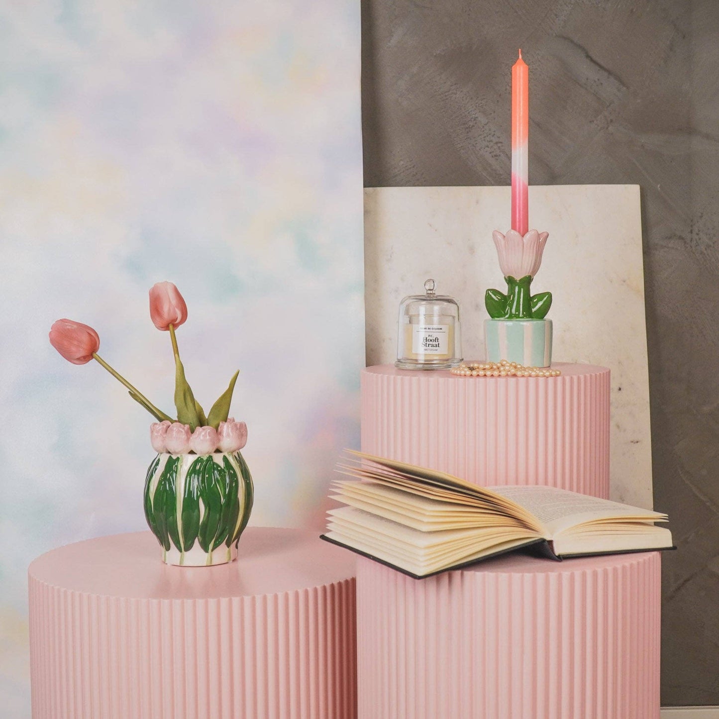 Vase - Tulips - Dolomite - Light pink/Green - 12.5x12.5x16cm