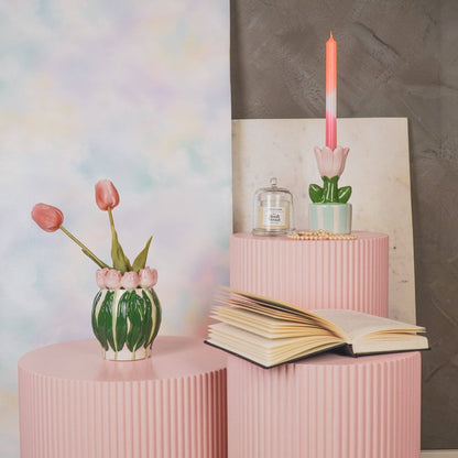 Vase - Tulips - Dolomite - Light pink/Green - 12.5x12.5x16cm