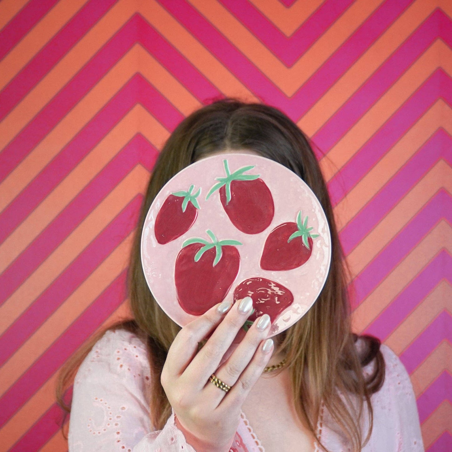 Decoratief bord - Aardbeien - Roze/Rood - 17,5 x 17,5 x 2 cm