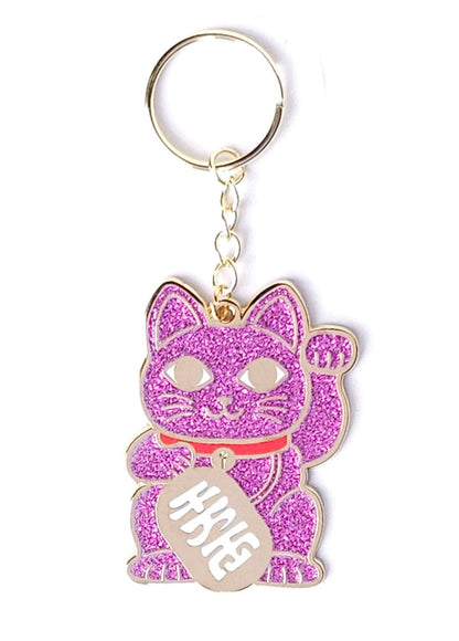 Glittery Pink Lucky Cat Keychain