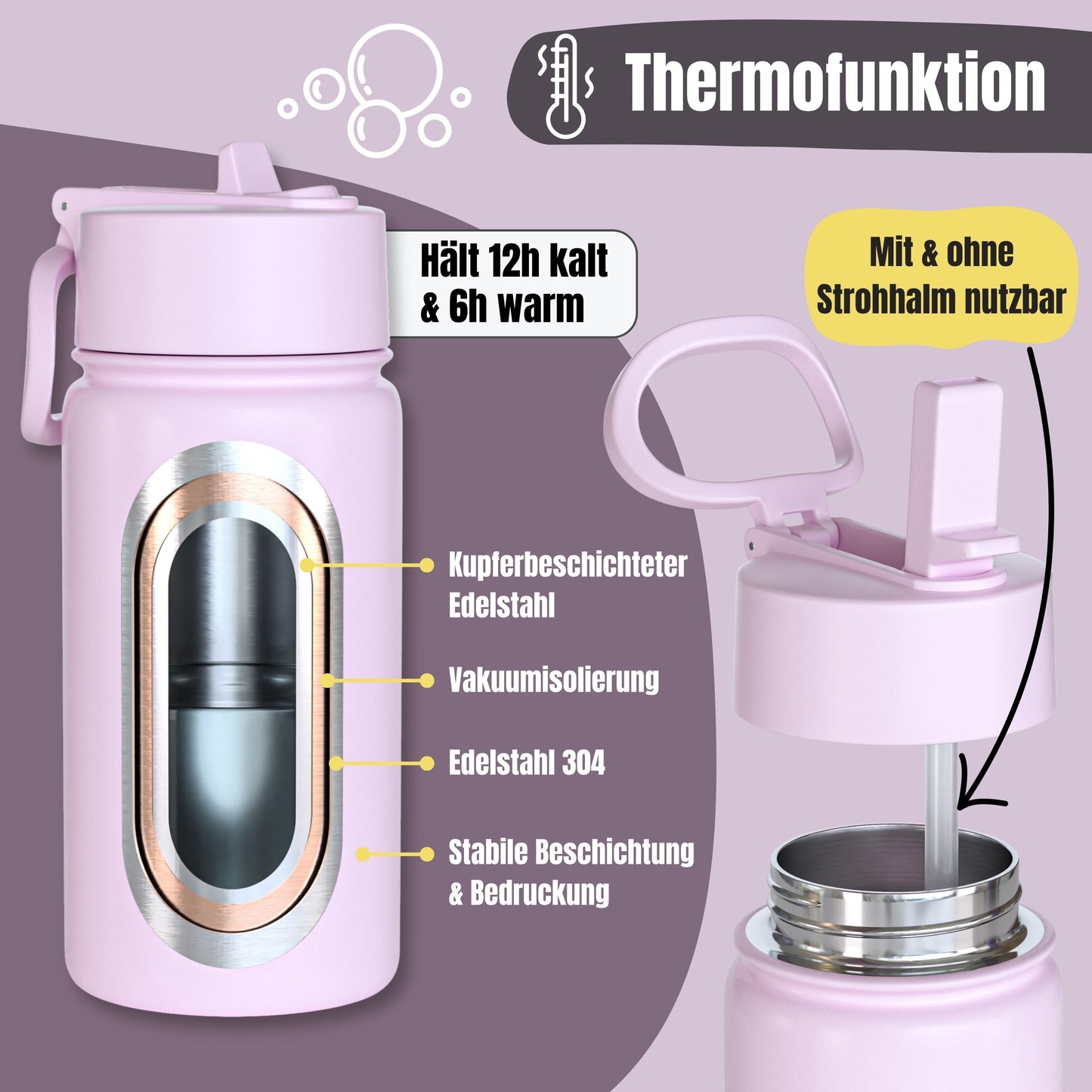 Thermo Kinder Trinkflasche Edelstahl - Lama lila