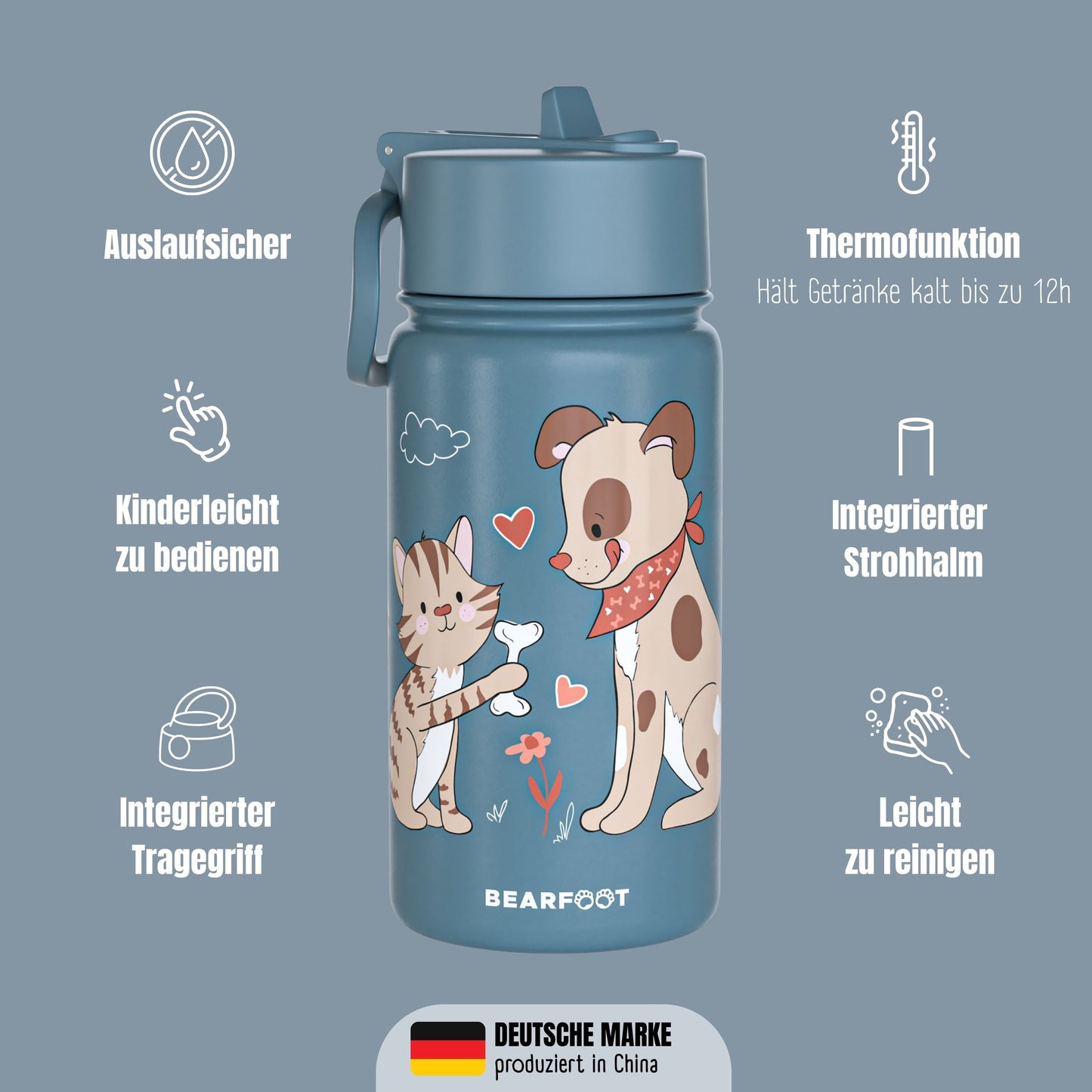 Thermo Kinder Trinkflasche Edelstahl - Hund & Katze blau