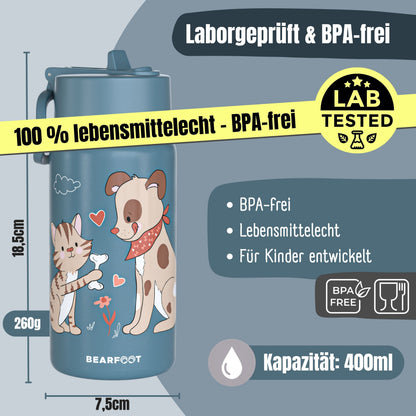 Thermo Kinder Trinkflasche Edelstahl - Hund & Katze blau