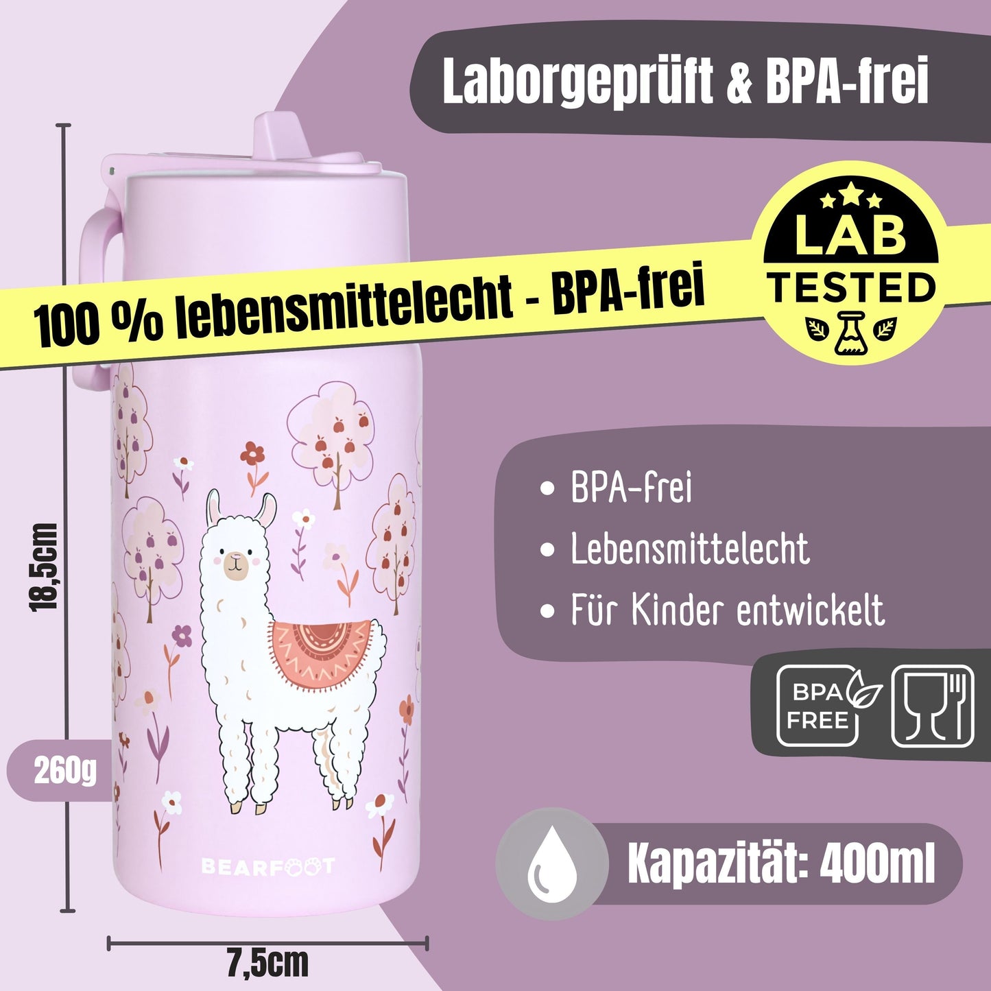 Thermo Kinder Trinkflasche Edelstahl - Lama lila