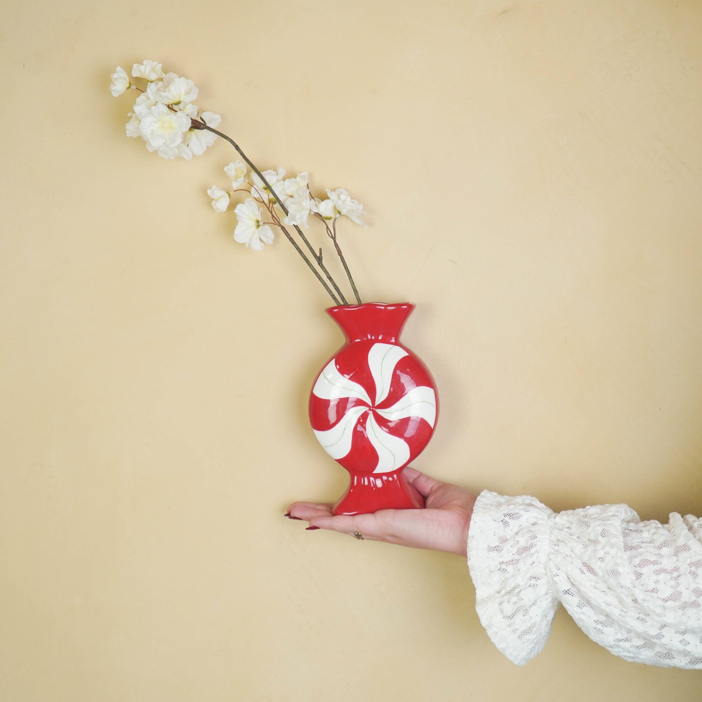 Bloemenvaas - Karamelkleur - Keramiek - Rood/Wit - 12x6,5x20cm