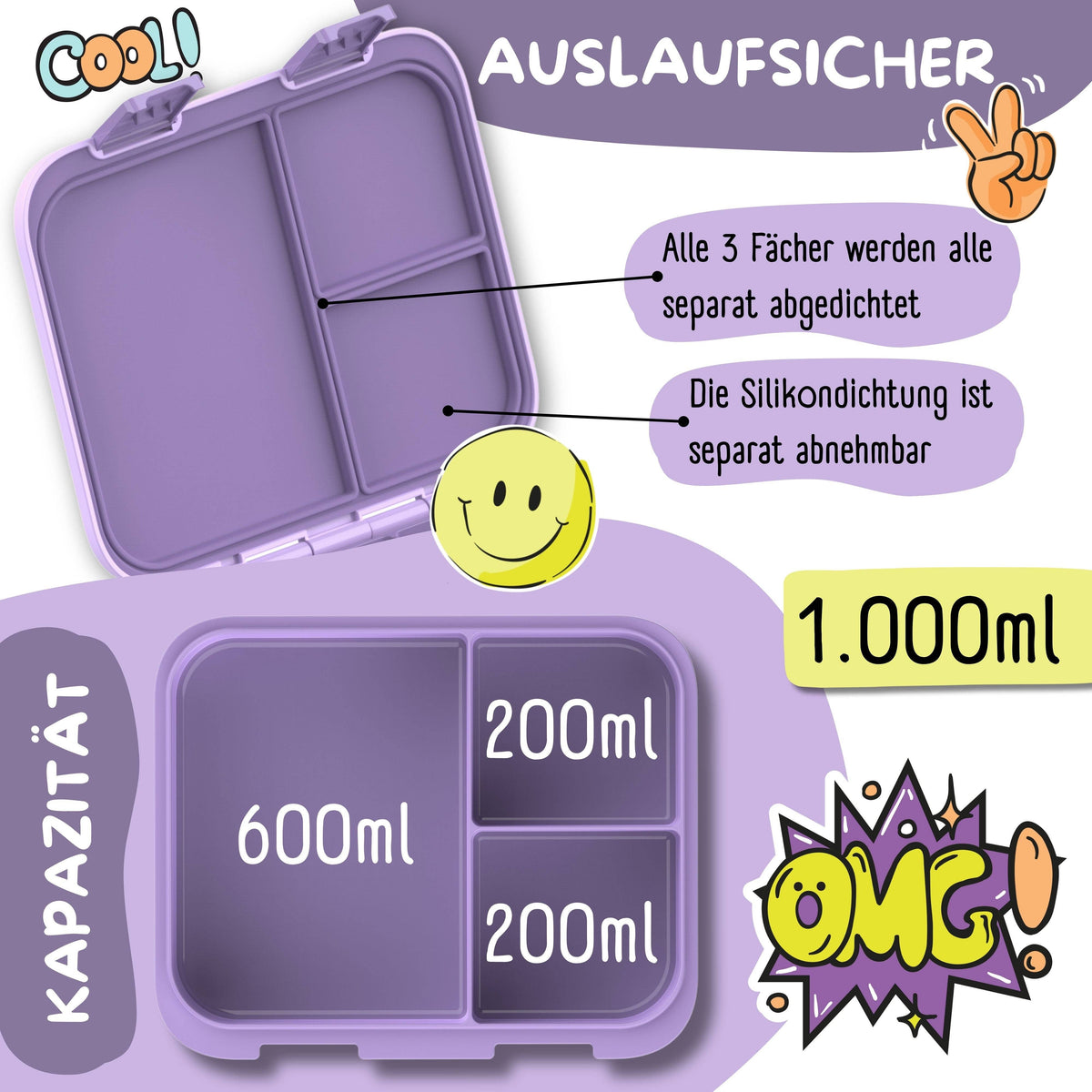 Brotdose mit Fächern, leicht & auslaufsicher-BubbleTea lila
