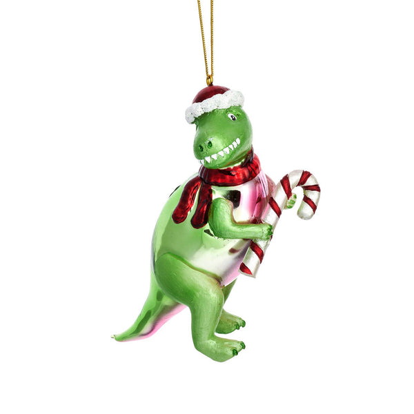 Kerstbal in de vorm van een T-Rex met een zuurstok.