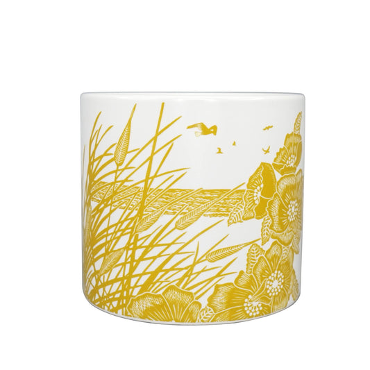 Keramische bloempot met riet en vogels, mosterdgeel