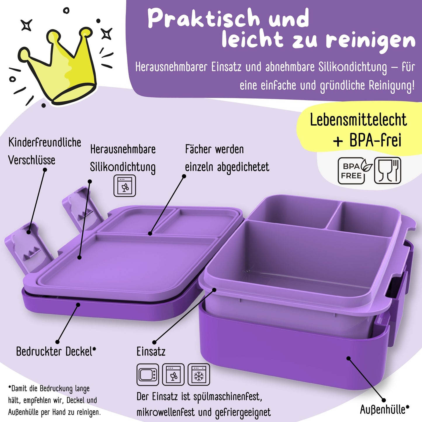 Lunch box with compartments, lightweight & leak-proof - purple