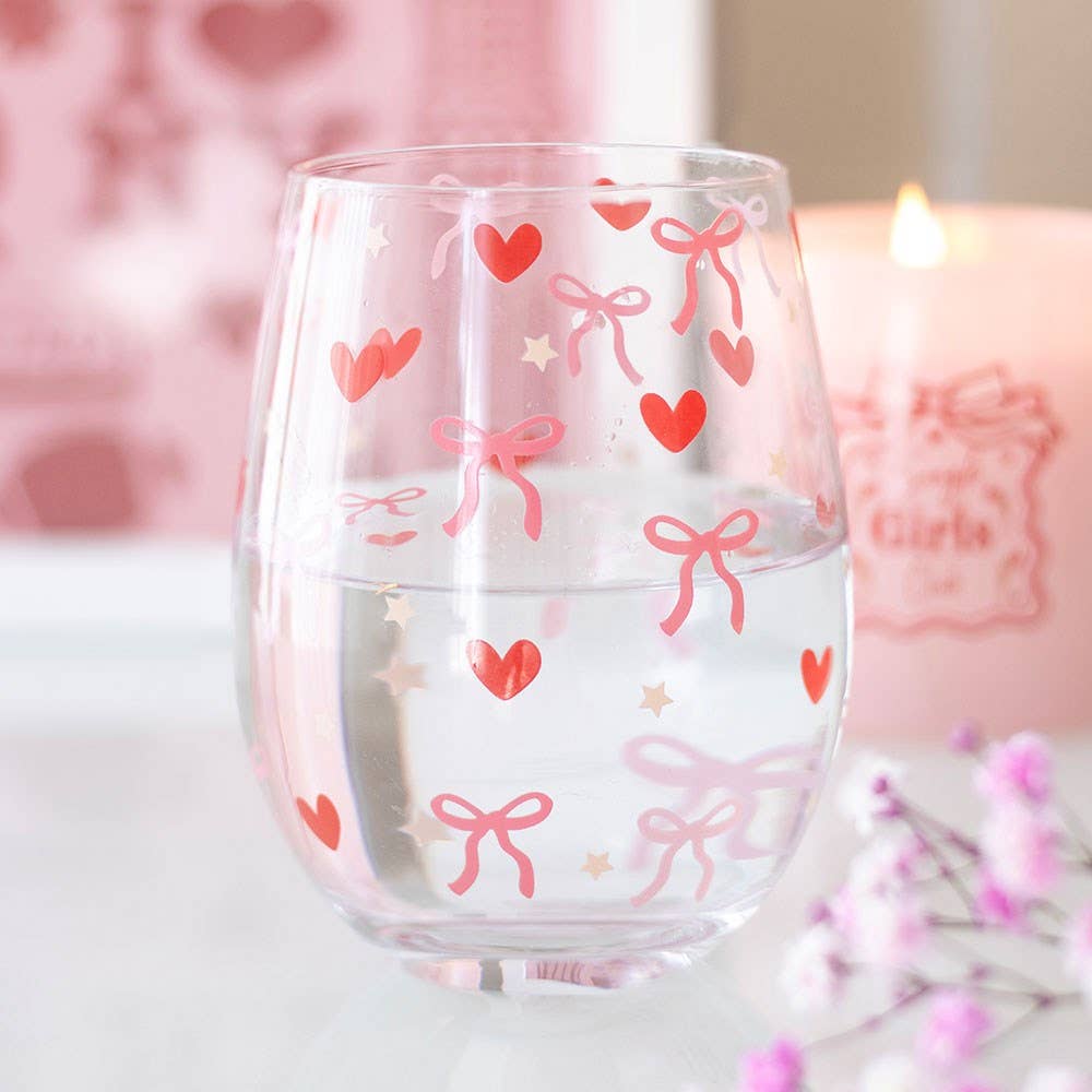 Stemless glass with bow and heart pattern
