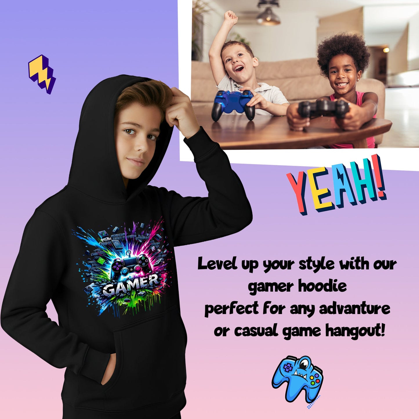 Fringoo gamer Sweat à capuche garçon Cotton Rich Soft Hooded Sweatshirt- gamer Splash noir