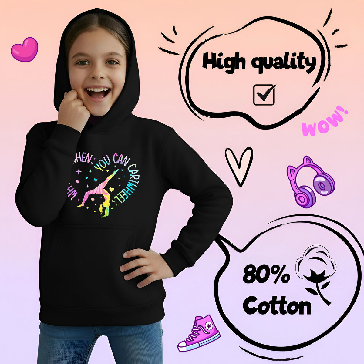 Sweat à capuche gymnastique – Fringoo Gymnastic for Cotton Rich Soft Hooded – Gymnastic CartWheel- noir