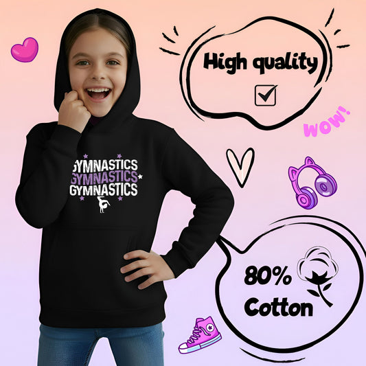 Fringoo Gymnastic Sweat à capuche for enfant Cotton Rich Soft Hooded Sweatshirt- Gymnasticx3- noir