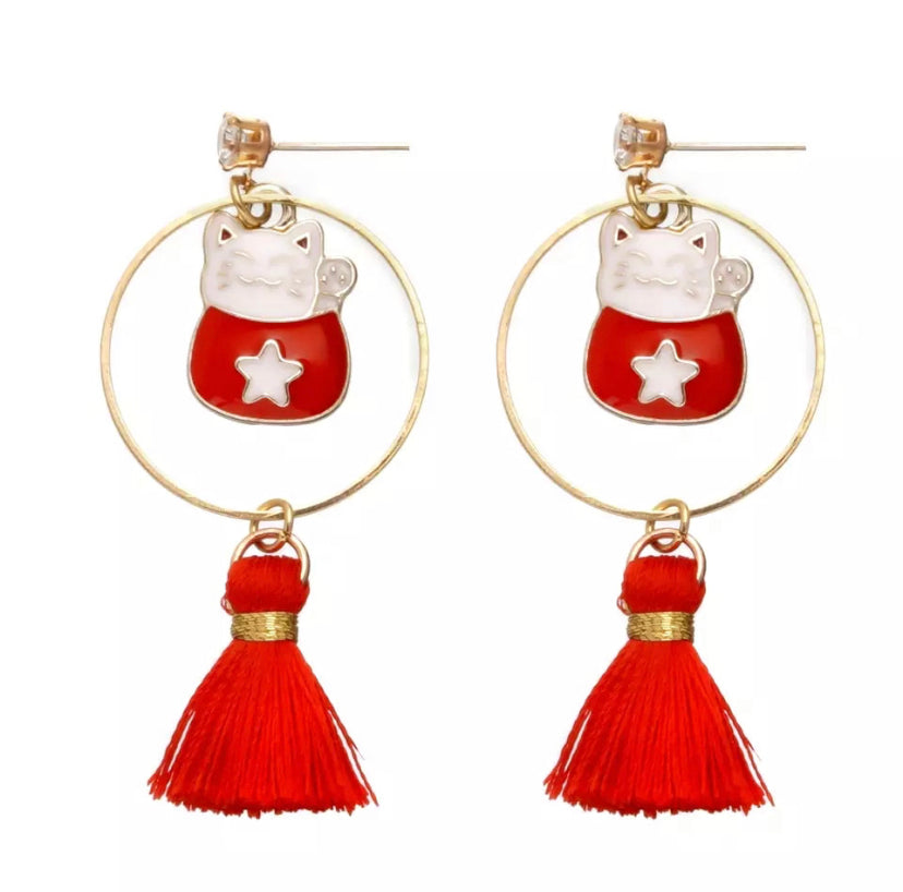 Boucles d’Oreille Chat Chanceux Pompon