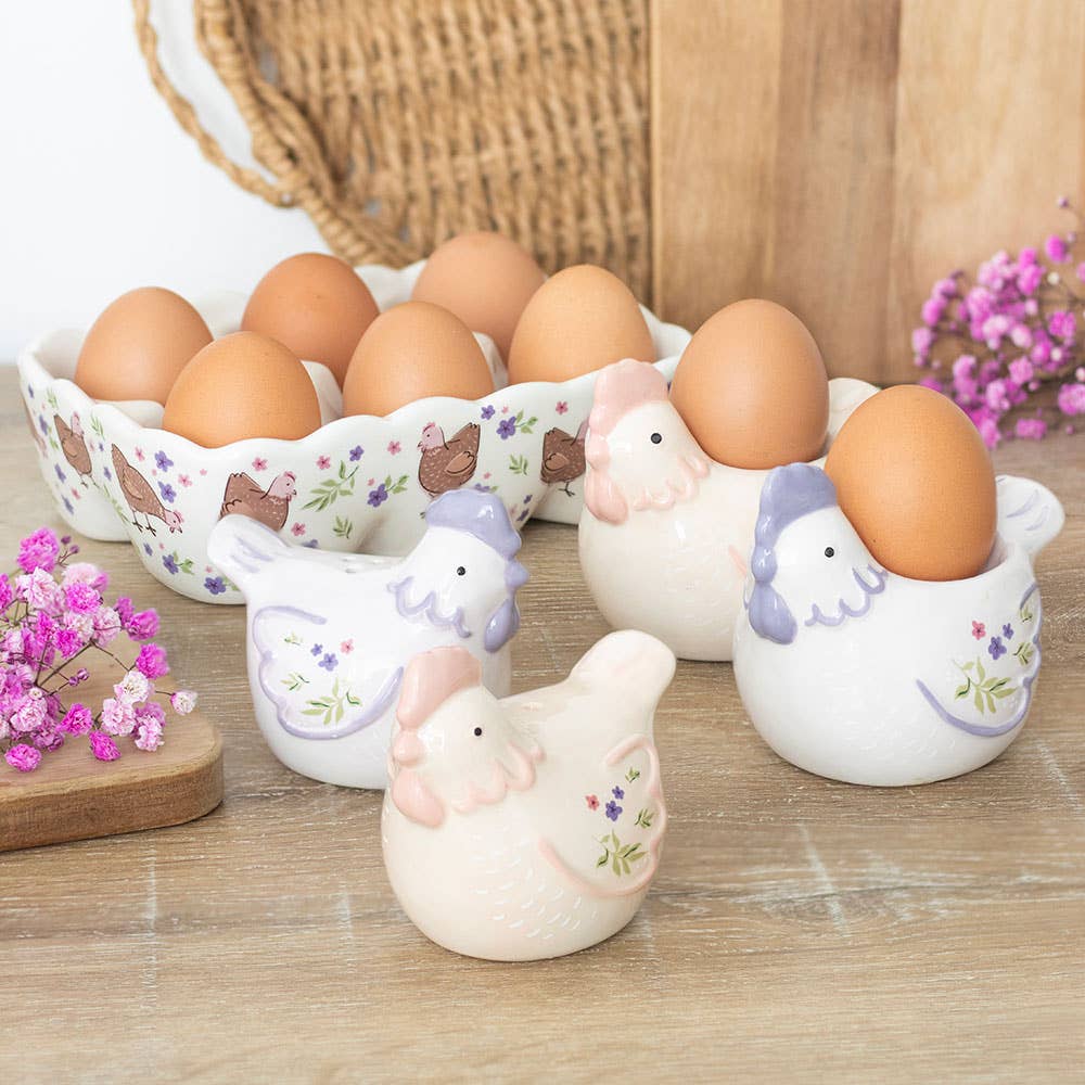 Ceramic egg holder with floral hen motif