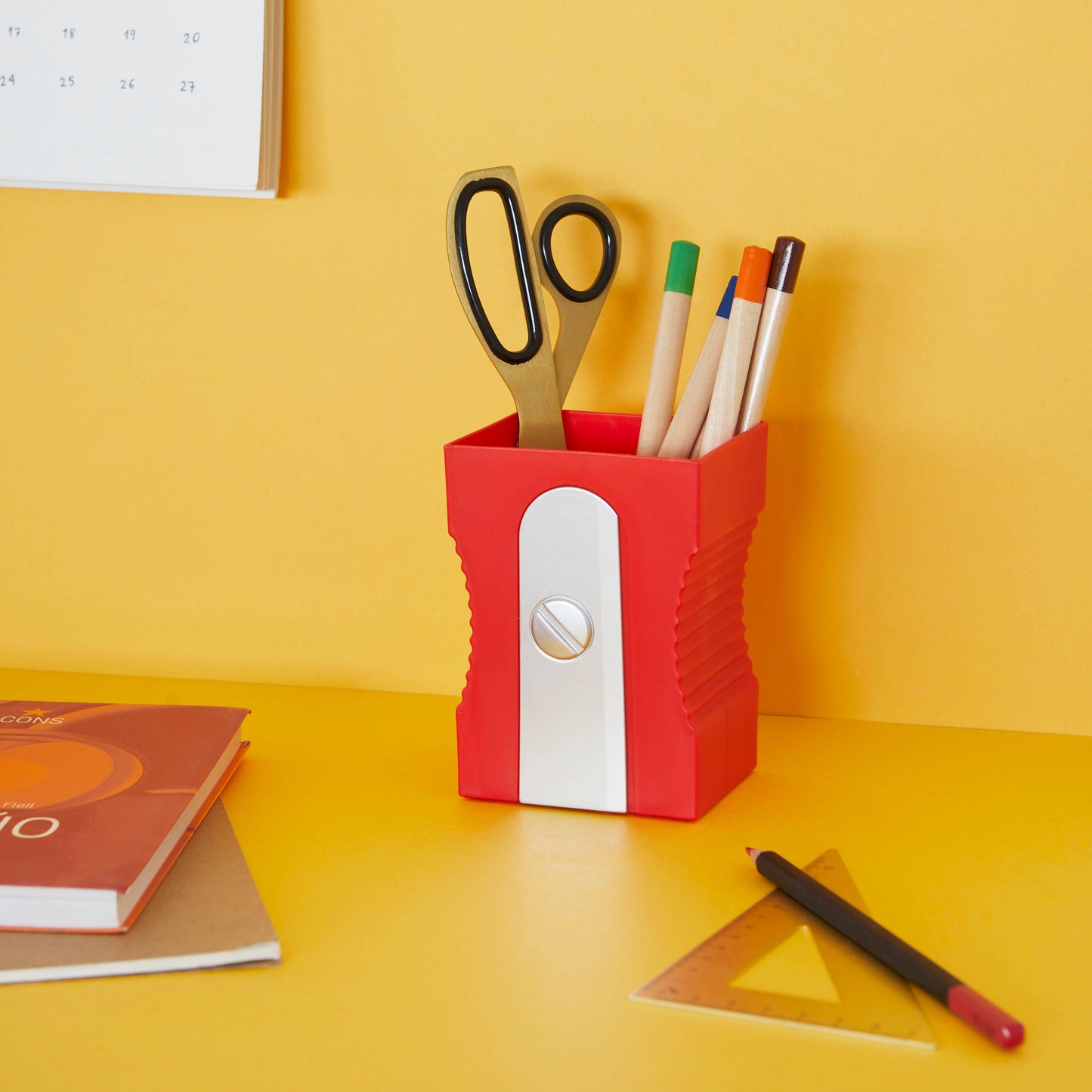 Pencil holder, pencil sharpener, red, plastic