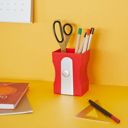 Pencil holder, pencil sharpener, red, plastic