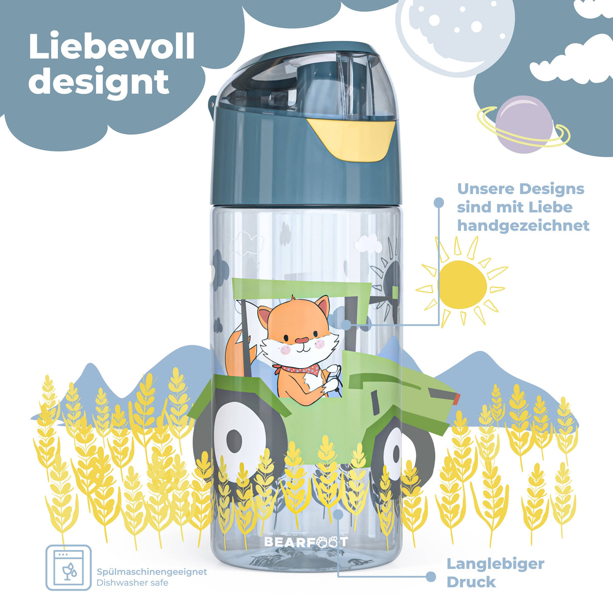Trinkflasche Kinder, leichte Wasserflasche - Traktor Fuchs