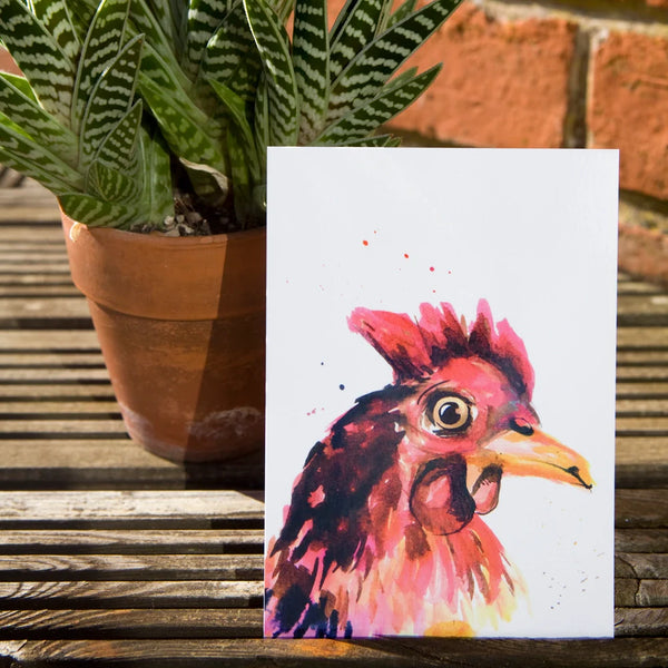 Ansichtkaart met aquarel van een kip