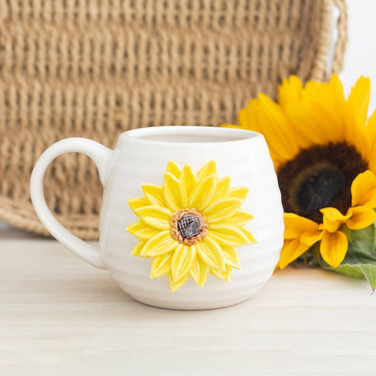 "Hello Sunshine" round mug with 3D sunflower