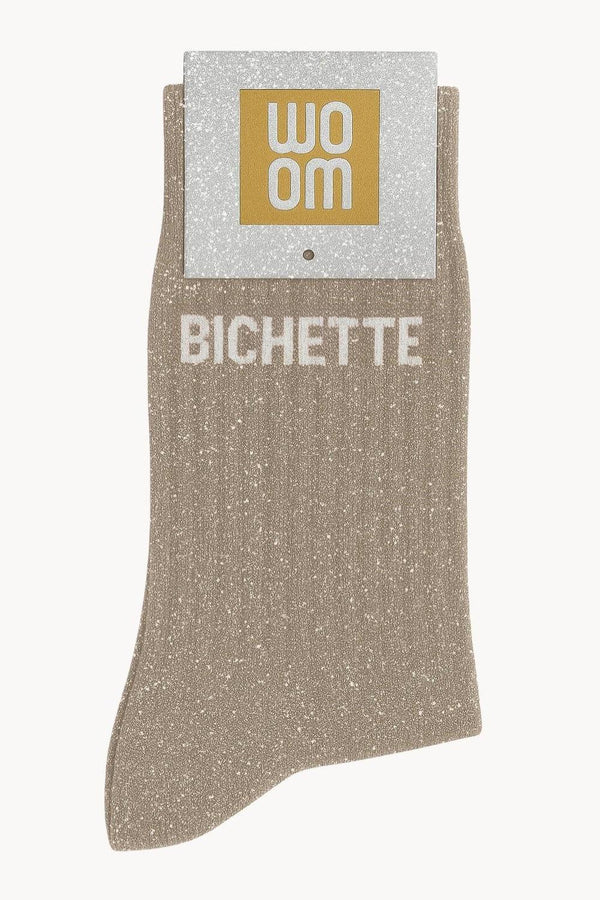 Chaussettes à Paillettes à Message "Bichette" - Beige