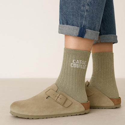 Chaussettes à Paillettes à Message"Casse-Couille" - Beige