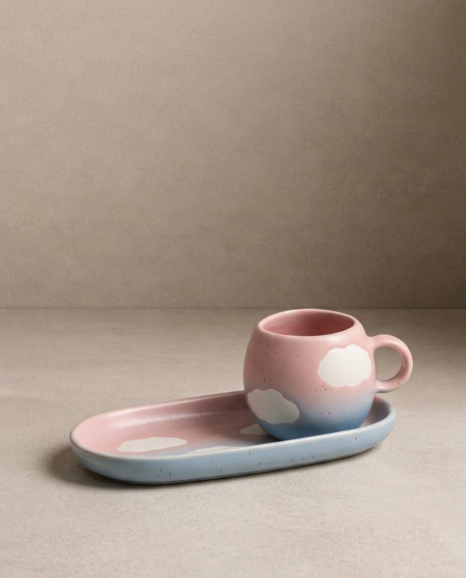 Ensemble Cloud Sunset 2 mugs espresso + 2 mini plateaux