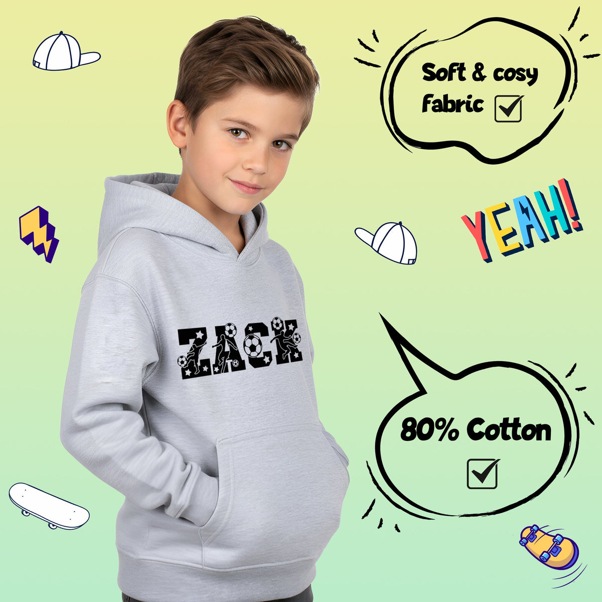 Fringoo Football Hoodie Grey for Boys Cotton Rich Soft Hooded Sweatshirt - Football Alphabet Grey