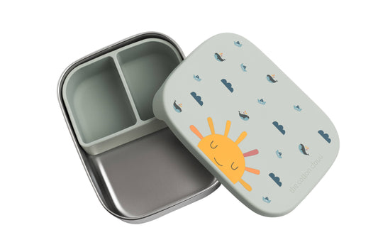 Stainless steel lunch box with compartments for children. Origami design.