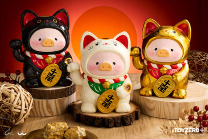LuLu le Cochonnet - Maneki Lu (chat calico) — sculpture en bois 18cm