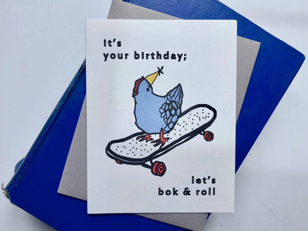 "Bok & Roll" verjaardagskaart Skateboard Kip