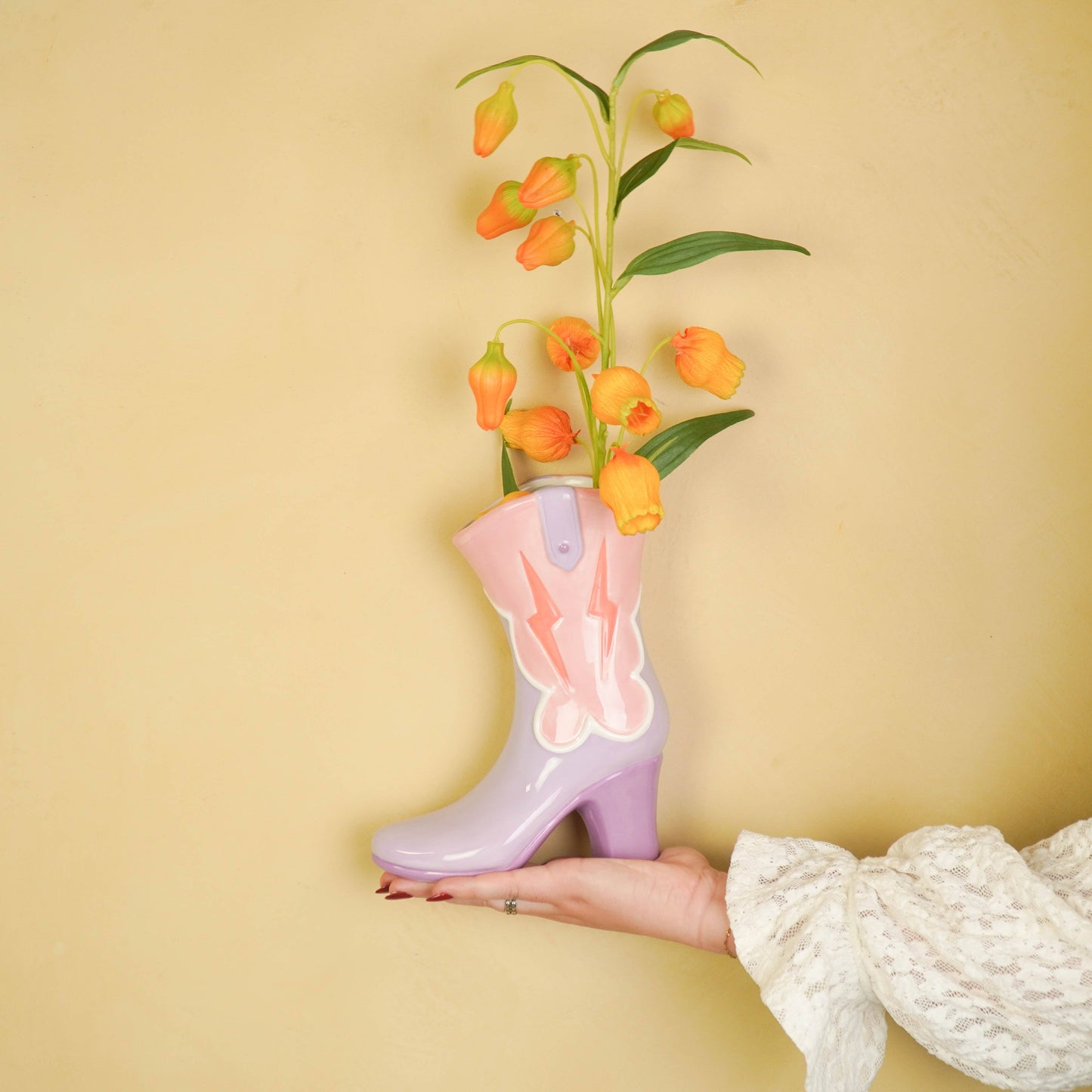 Bloemenvaas - Laarsvormige vaas - Keramiek - Roze/Lila - 16,5 x 10,5 x 26,5 cm