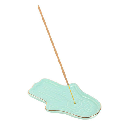 Porte-encens en céramique main Hamsa bleue