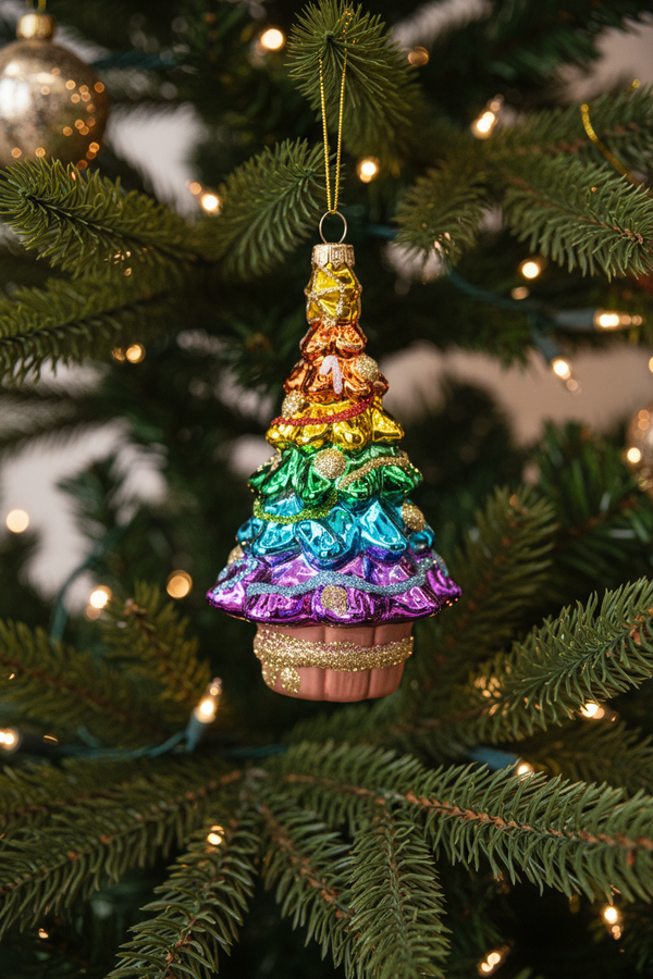 Kerstbal, kerstboom, regenboog