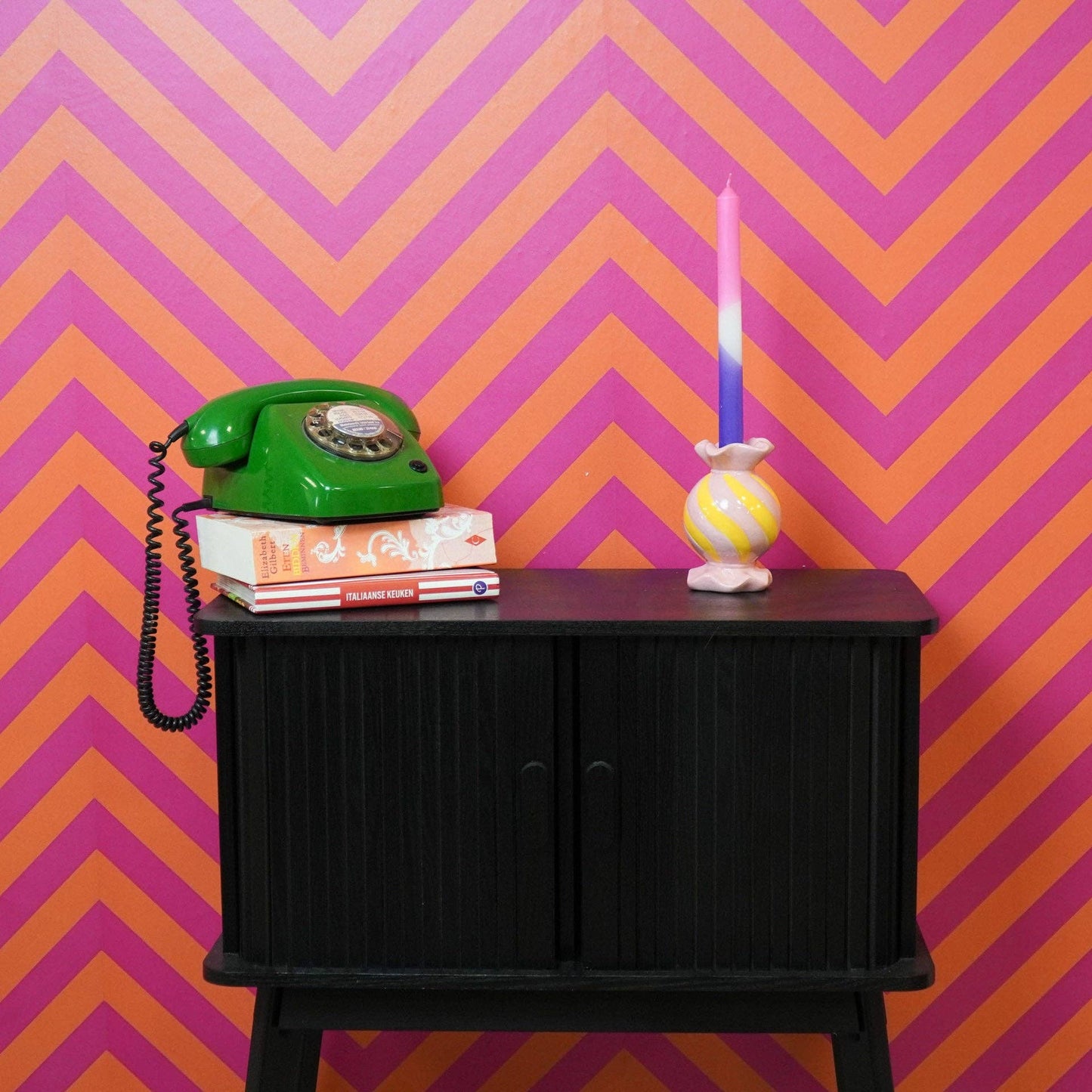 Bougeoir - Bonbon Toffee - Céramique - Rose/Jaune - 8,5x8,5x13 cm