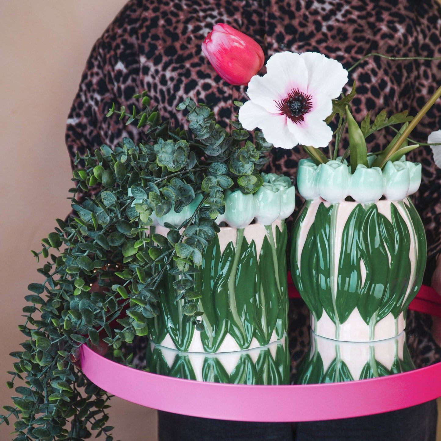 Vase - Tulips - Dolomite - Mint/Green - 14x14x18cm