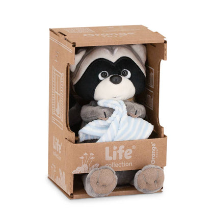 Denny the raccoon plush toy with towel, 15 cm