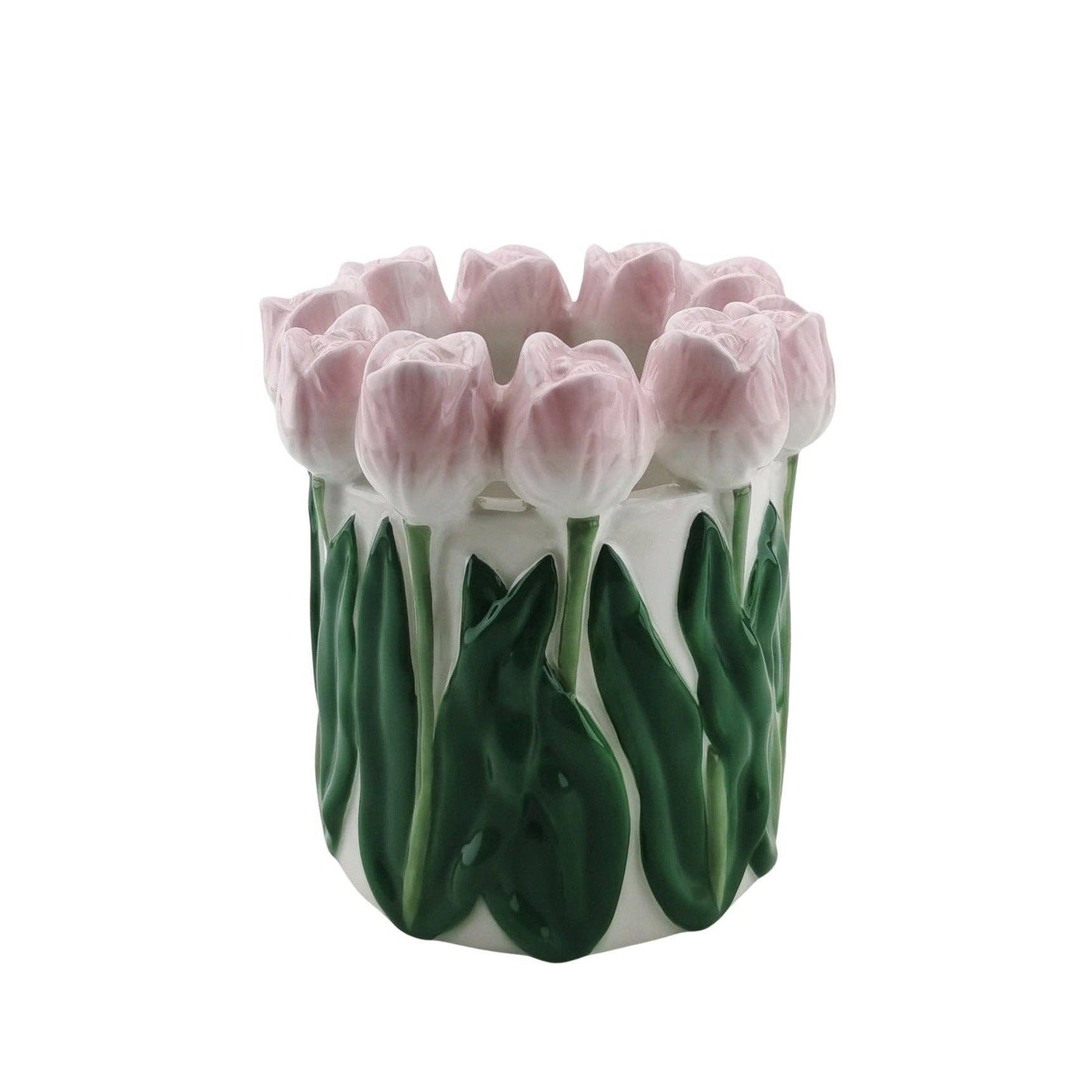 Vase - Tulips - Dolomite - Light pink/Green - 15x15x14cm