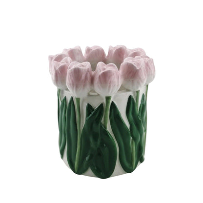 Vase - Tulips - Dolomite - Light pink/Green - 15x15x14cm