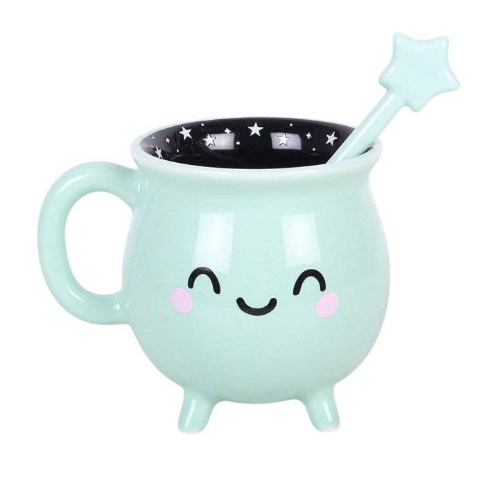 Tasse d'Halloween en forme de chaudron kawaii vert menthe avec touillette en forme de baguette