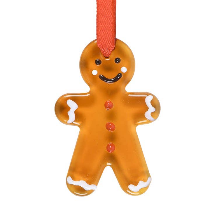 Hanging glass decorations in the shape of gingerbread men