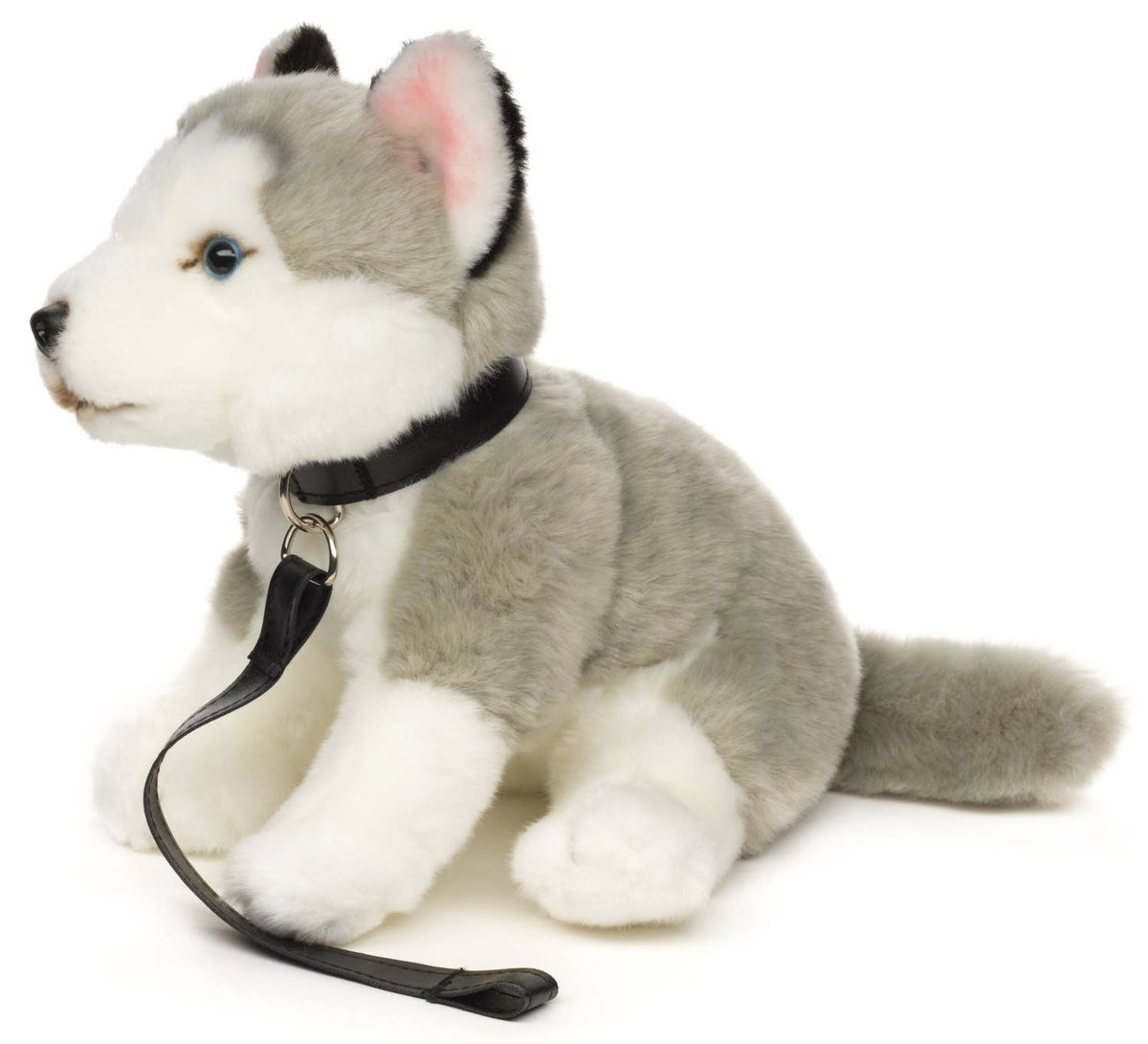 Peluche husky gris assis avec laisse