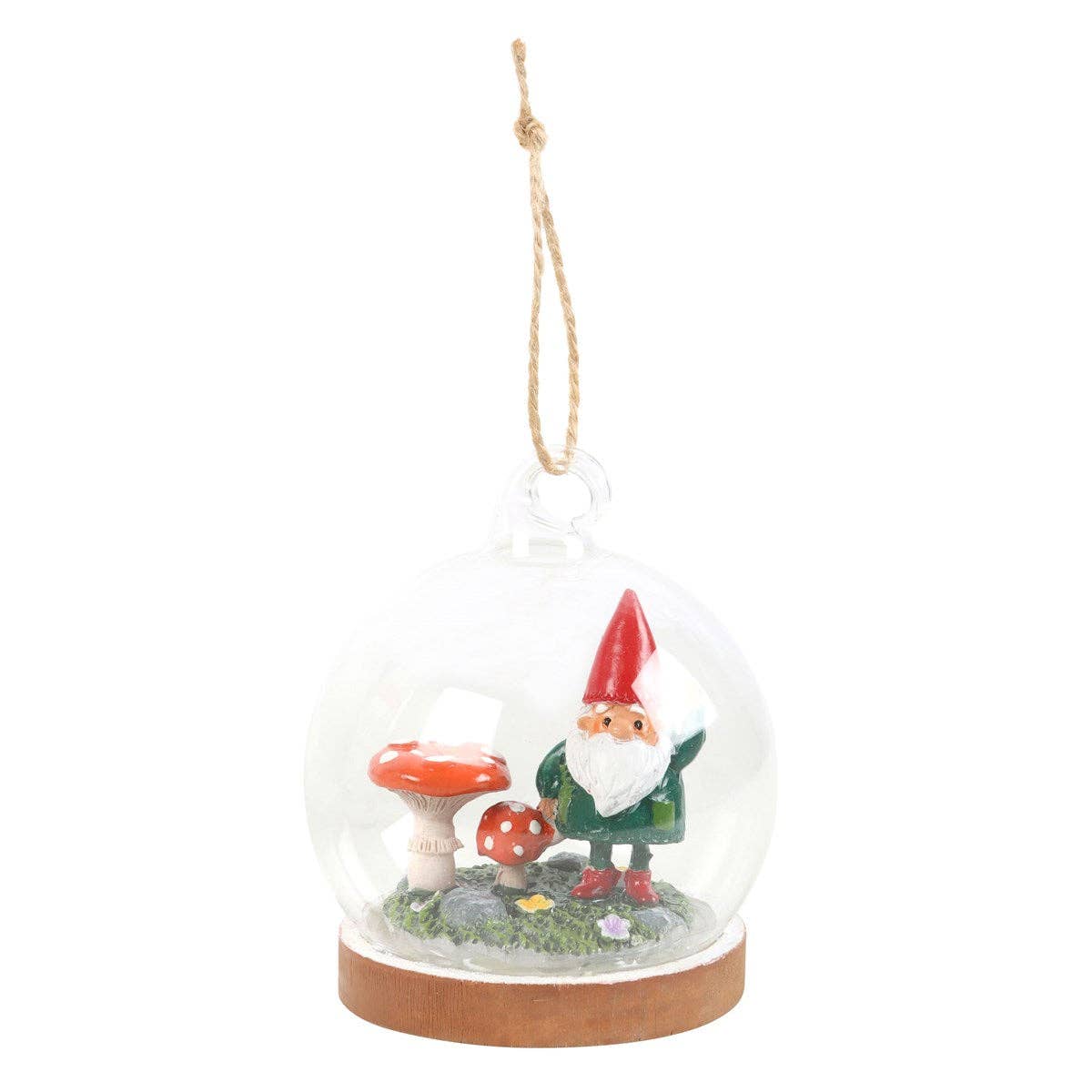 Hanging Glass Dome Decoration with Gnome and Mushrooms