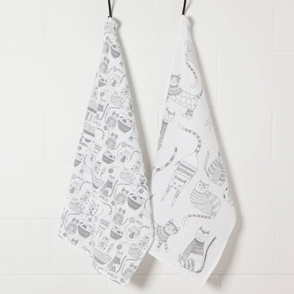 Set of 2 Cat Print London Gray Dish Towels