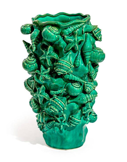 Large aqua blue crackled ceramic vase with a shell motif.